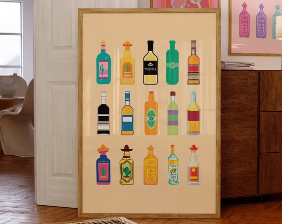Colorful Tequila Bottles Collection Retro Bar Cart Kitchen Decor Poster
