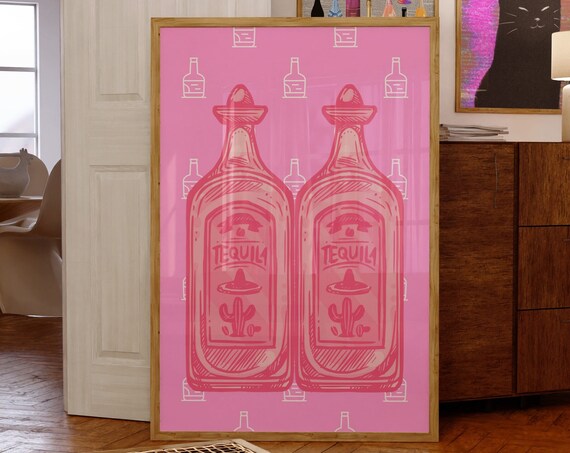 Two Pink Tequila Bottles Retro Bar Cart Cocktail Party Art Poster
