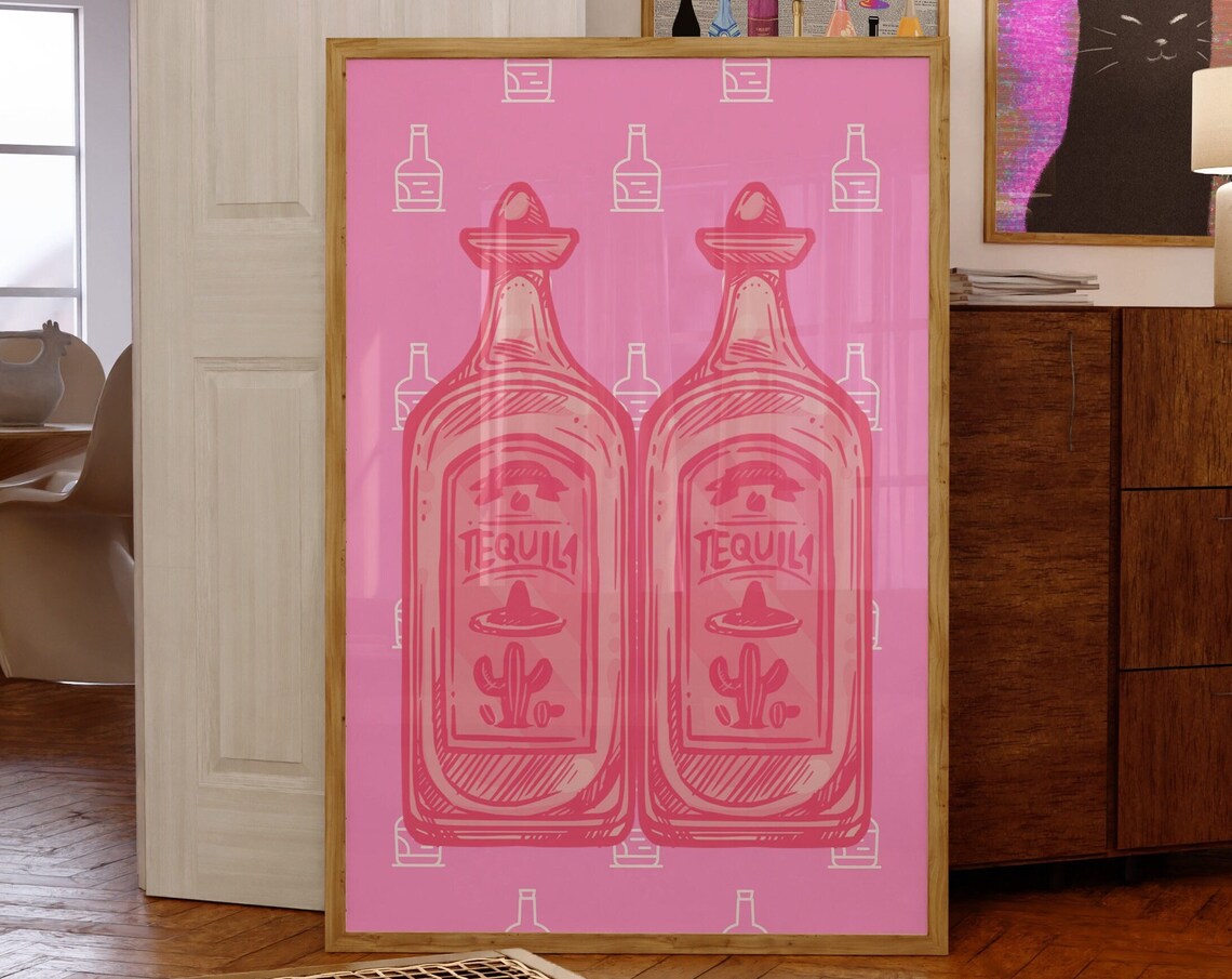 Two Pink Tequila Bottles Retro Bar Cart Cocktail Party Art Poster