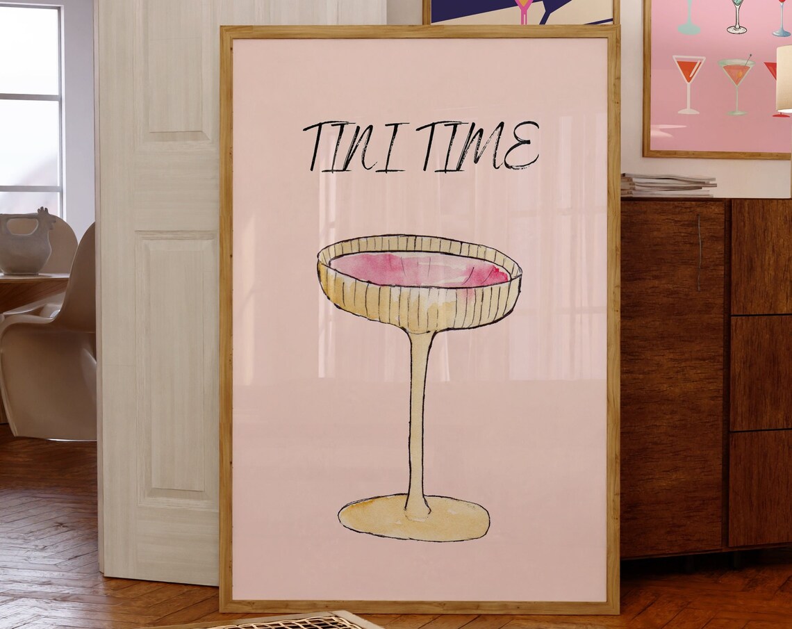 Tini Time Pink Coupe Watercolor Martini Bar Cart Quote Poster