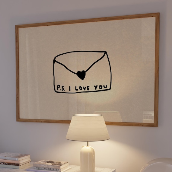 PS I Love You Envelope Heart Hand Drawn Romantic Quote Poster