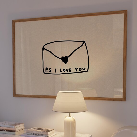 Ps I Love You Print Romantic Hand Drawn Wall Art Digital Download Horizontal