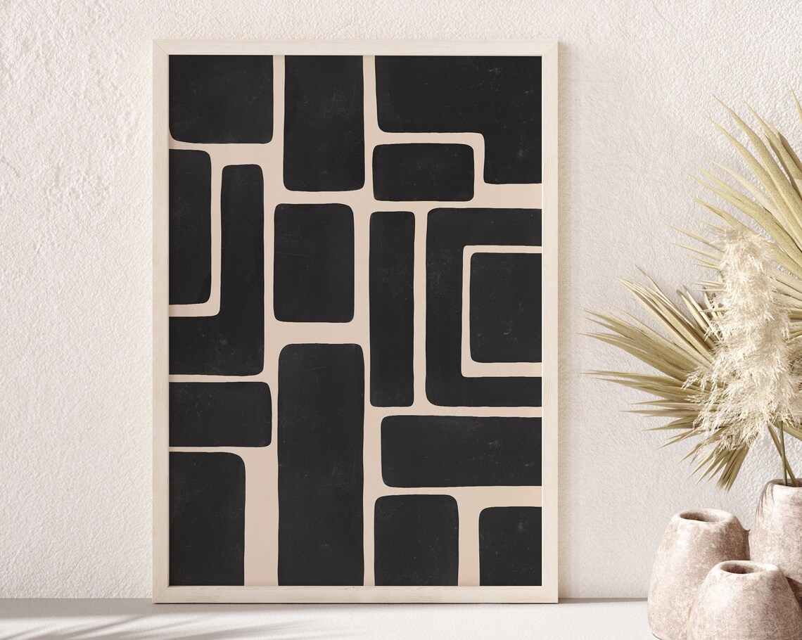 Geometric Shapes Black Beige Abstract Wall Art Print - Image 2