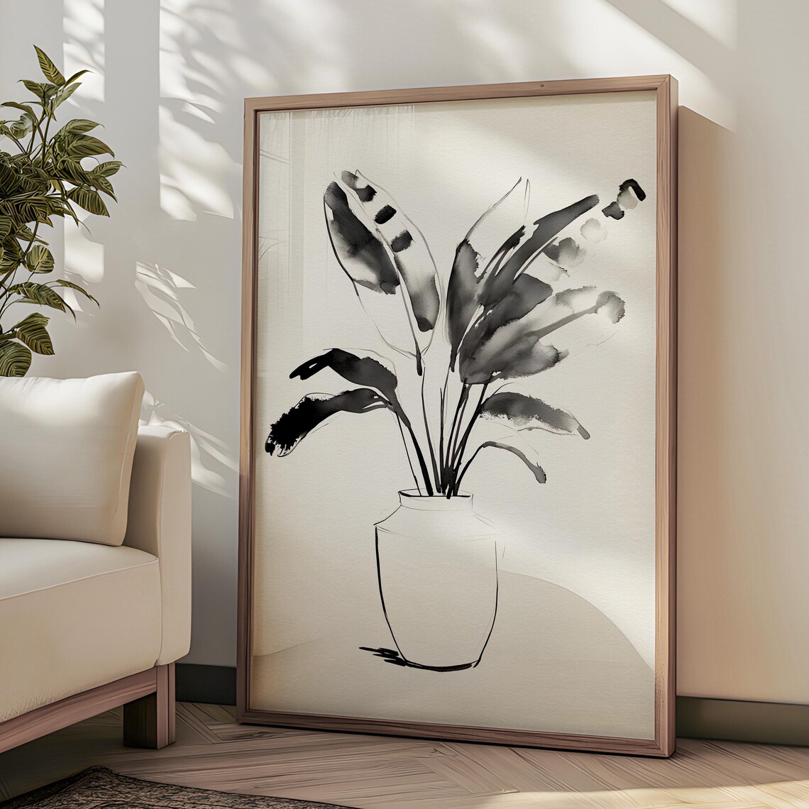 Ink Wash Tropical Plant Leaves Vase Sketch Neutral Beige Poster
