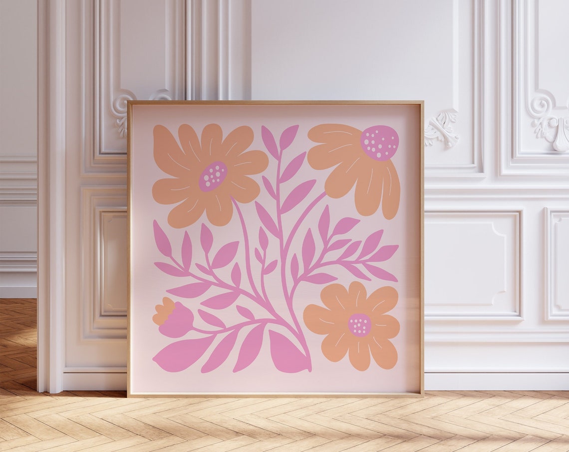 Abstract Floral Peach Pink Square Botanical Art Print Modern Decor