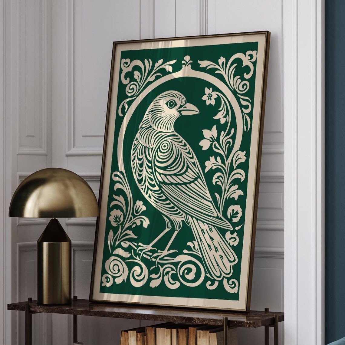 Cream Songbird on Deep Emerald Rococo Baroque Ornate Bird Poster