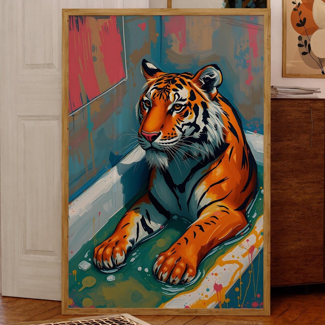 Playful Tiger Lounging In A Bathtub Abstract Colorful Art Poster - Image 4