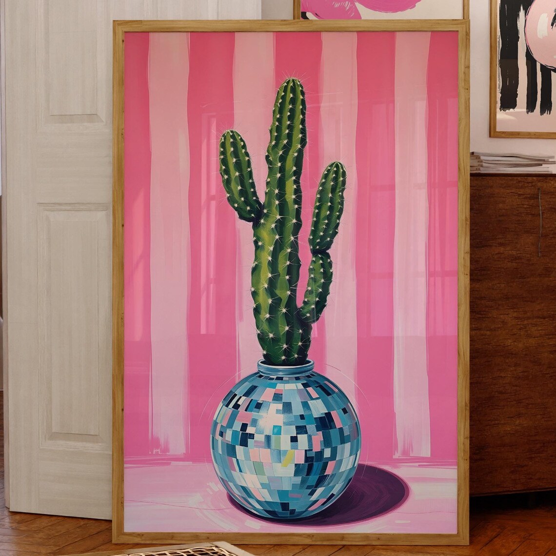 Cactus In A Disco Ball Mosaic Vase Pink Striped Retro Art Poster