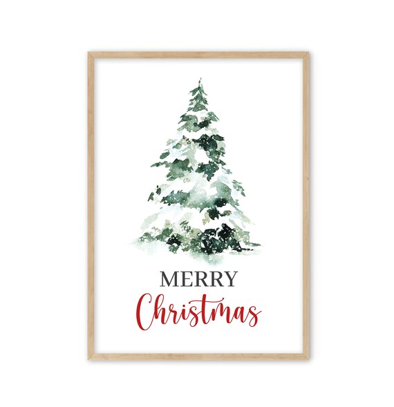Snowy Watercolor Pine Tree Merry Christmas Holiday Art Poster