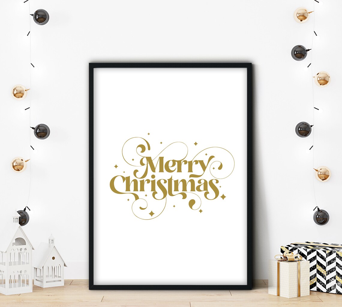Merry Christmas Gold Swirl Script Elegant Holiday Decor Wall Art - Image 2