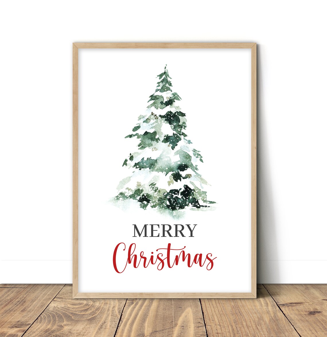 Snowy Watercolor Pine Tree Merry Christmas Holiday Art Poster - Image 2