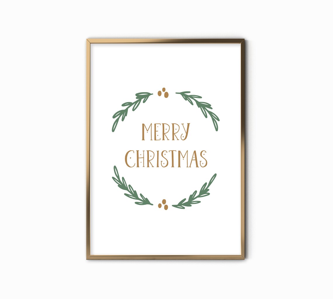 Merry Christmas Green Laurel Wreath Gold Script Classic Holiday Art Print