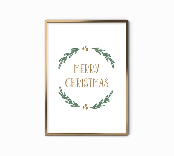 Merry Christmas Green Laurel Wreath Gold Script Classic Holiday Art Print