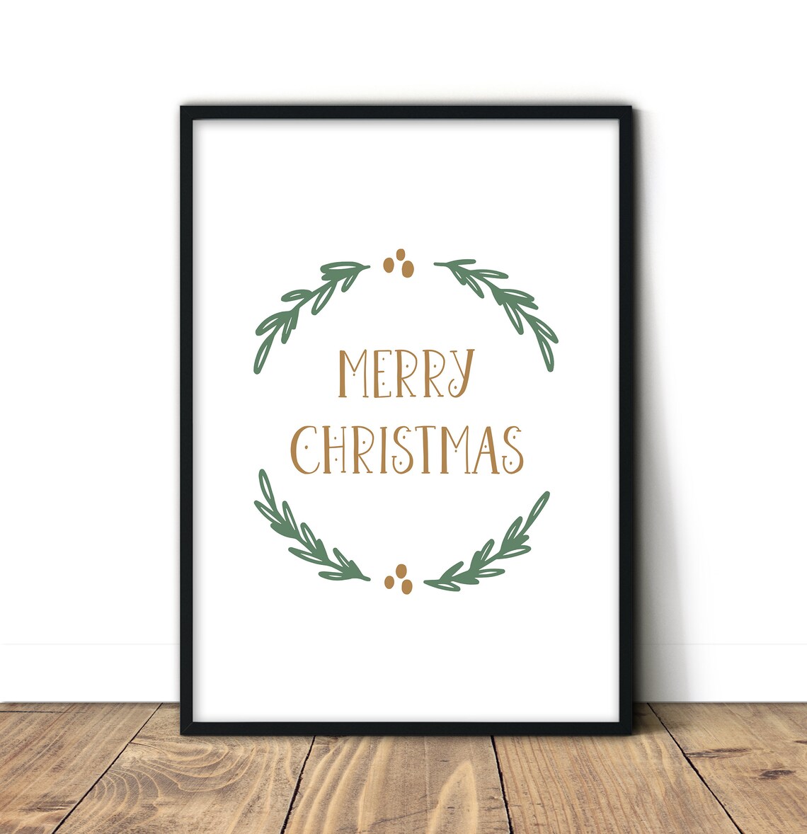 Merry Christmas Green Laurel Wreath Gold Script Classic Holiday Art Print - Image 2
