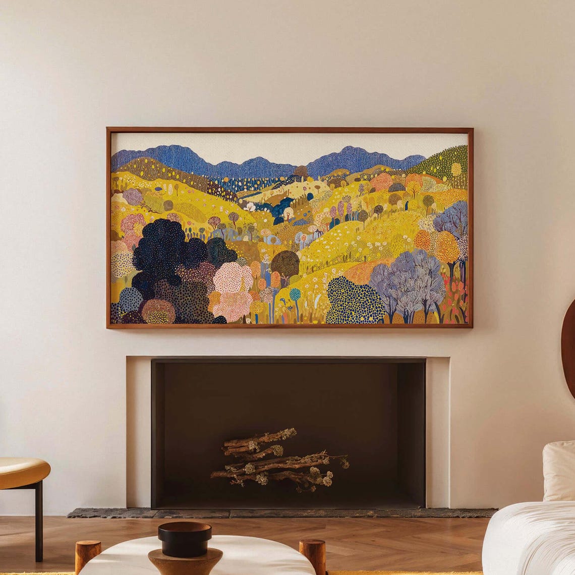Kusama Inspired Panoramic Golden Dotted Hills Landscape Wall Print