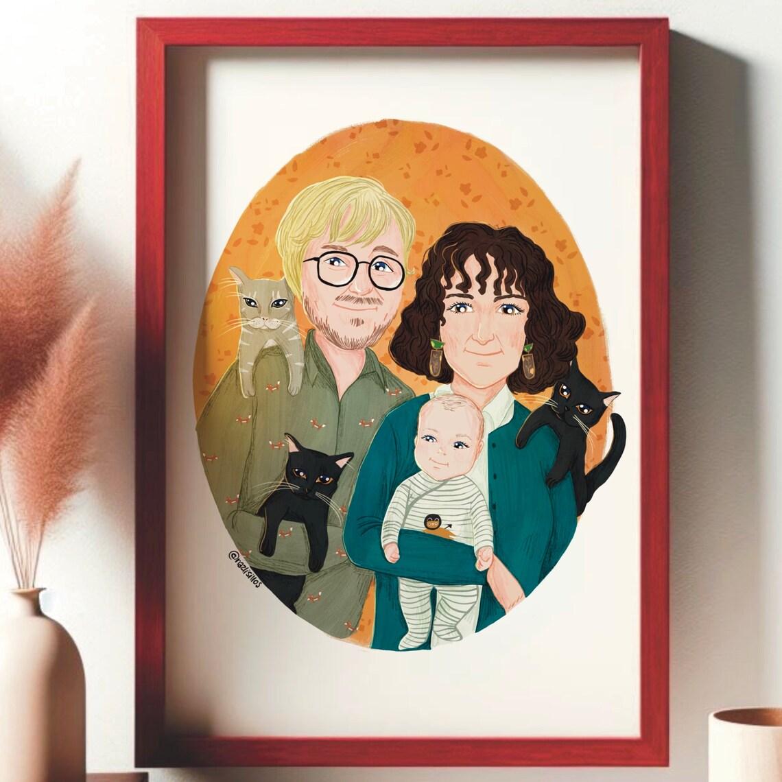 Family Baby and Three Cats Custom Illustrated Portrait Print