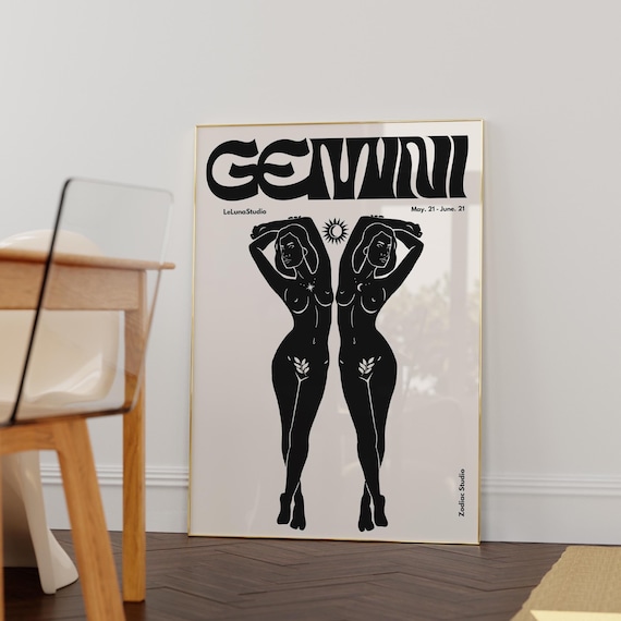Gemini Zodiac Twins Poster Black Groovy Retro Astrology Sign Bold Wall Decor
