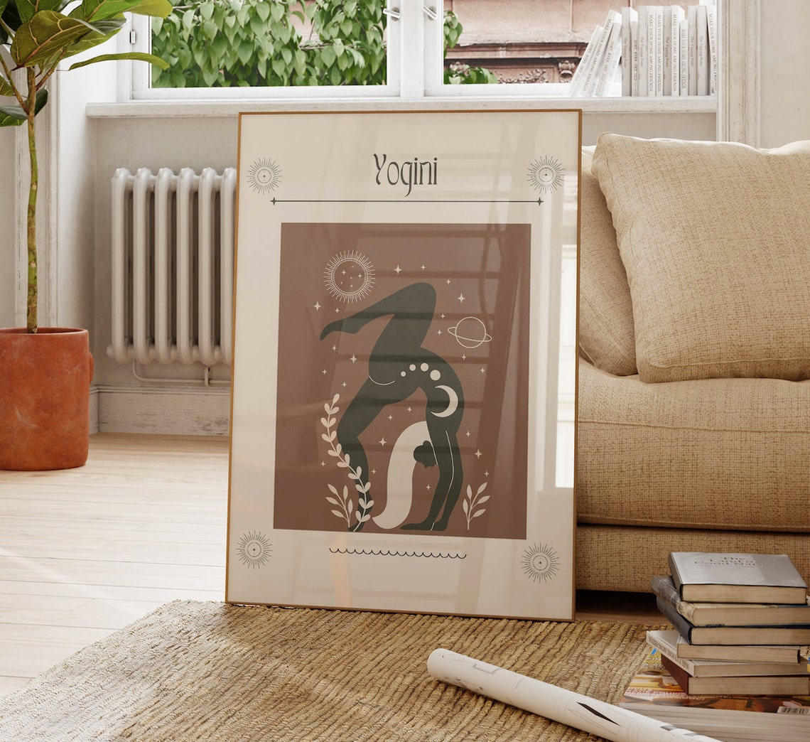 Yogini Celestial Yoga Pose Sun Moon Stars Spiritual Boho Art Poster