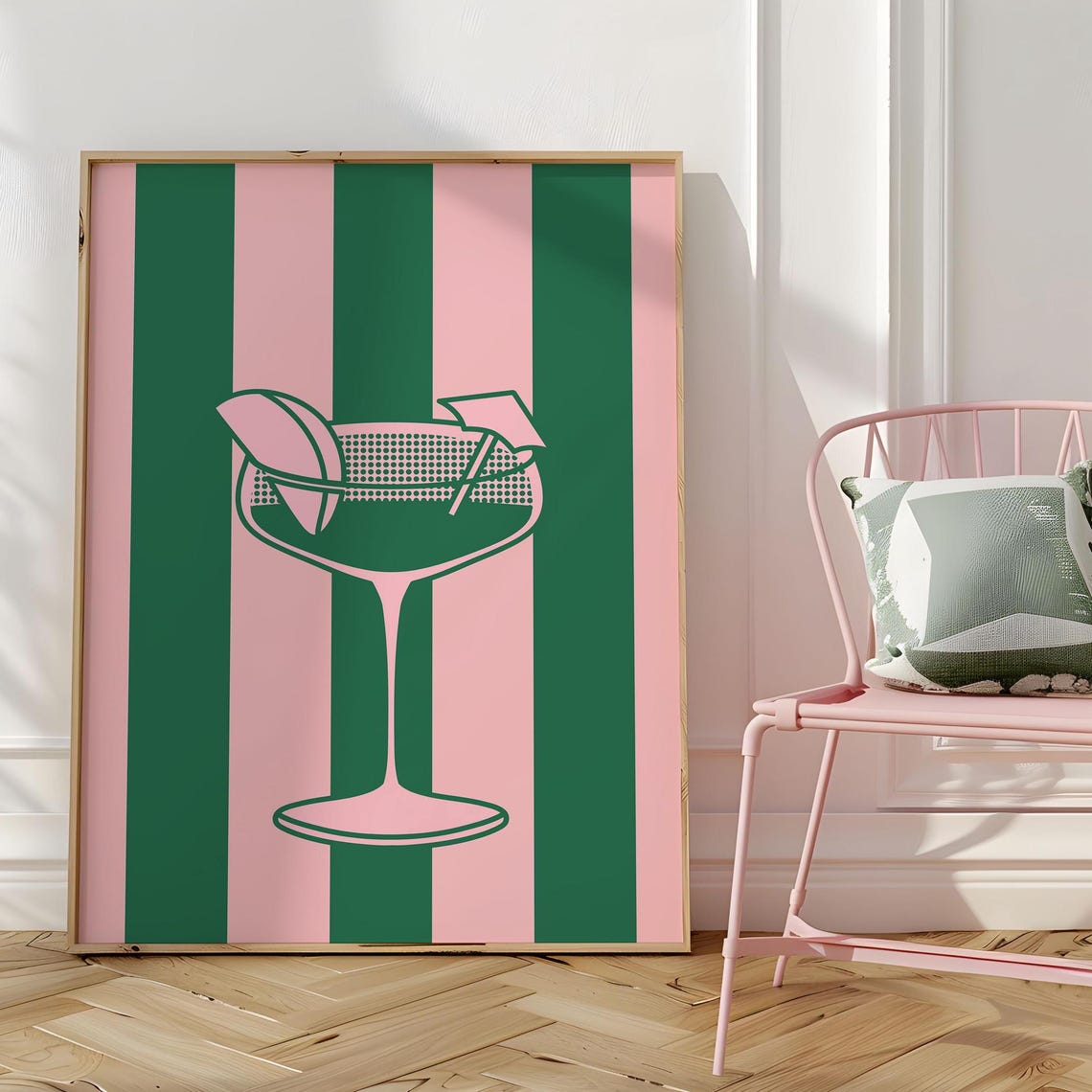 Striped Green Pink Retro Martini Glass Bar Cart Drink Art Poster