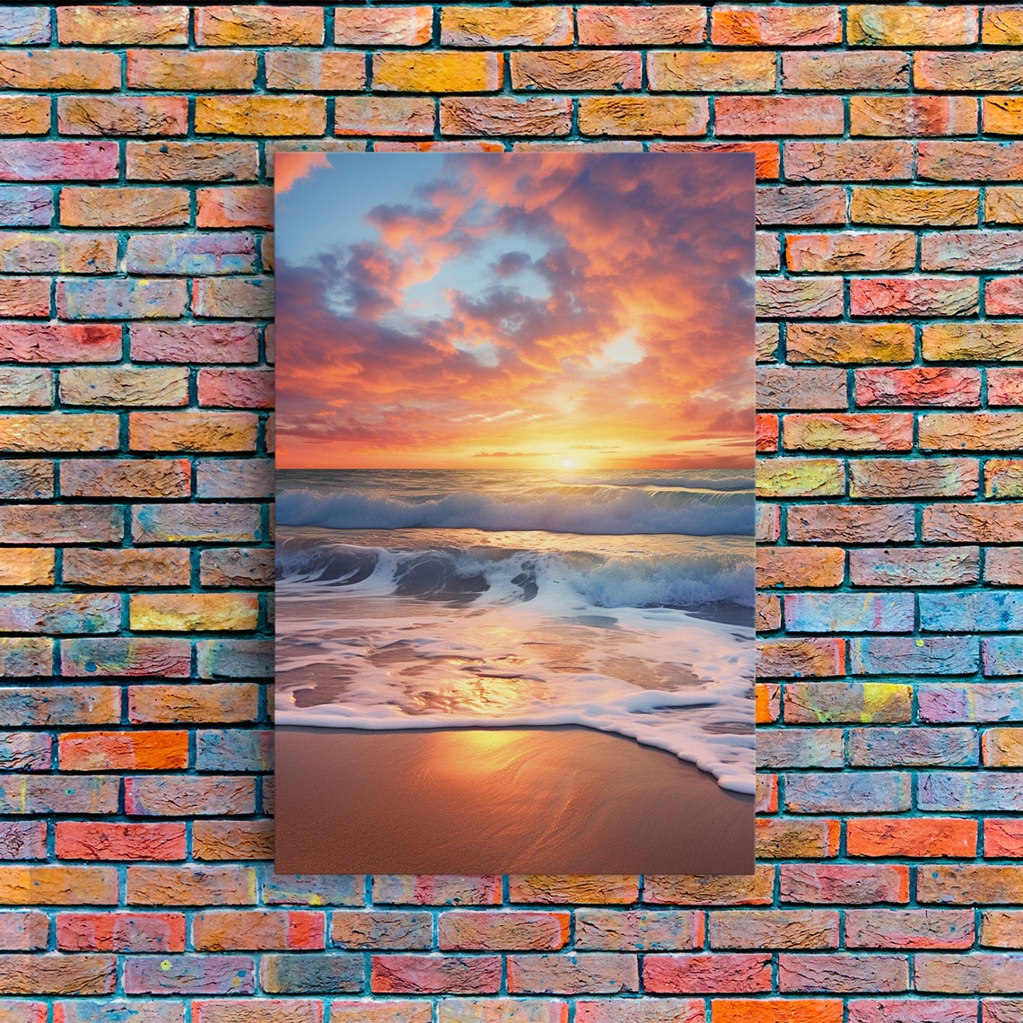 Beach Sunset Waves Foamy Shore Pink Clouds Relaxing Seaside Art Poster - Image 5