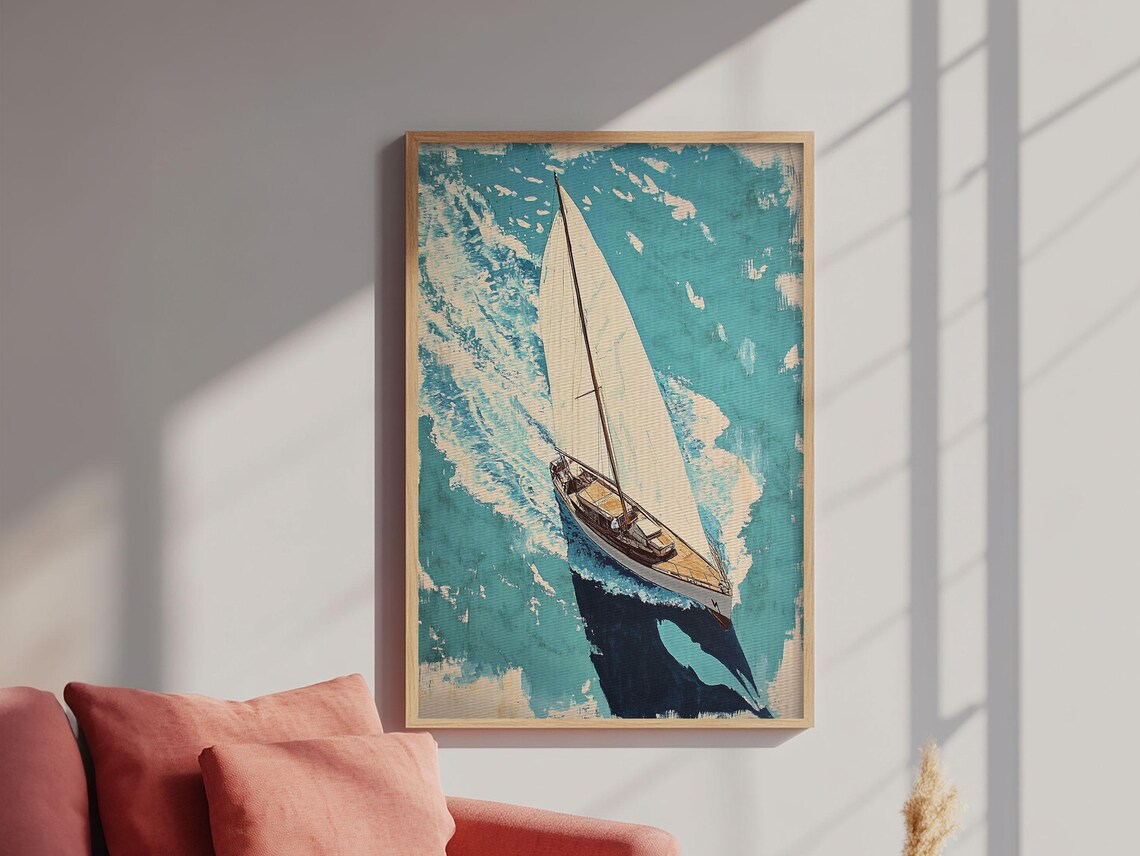 Sailboat Aerial View Turquoise Ocean Watercolor Nautical Art Print - Image 6