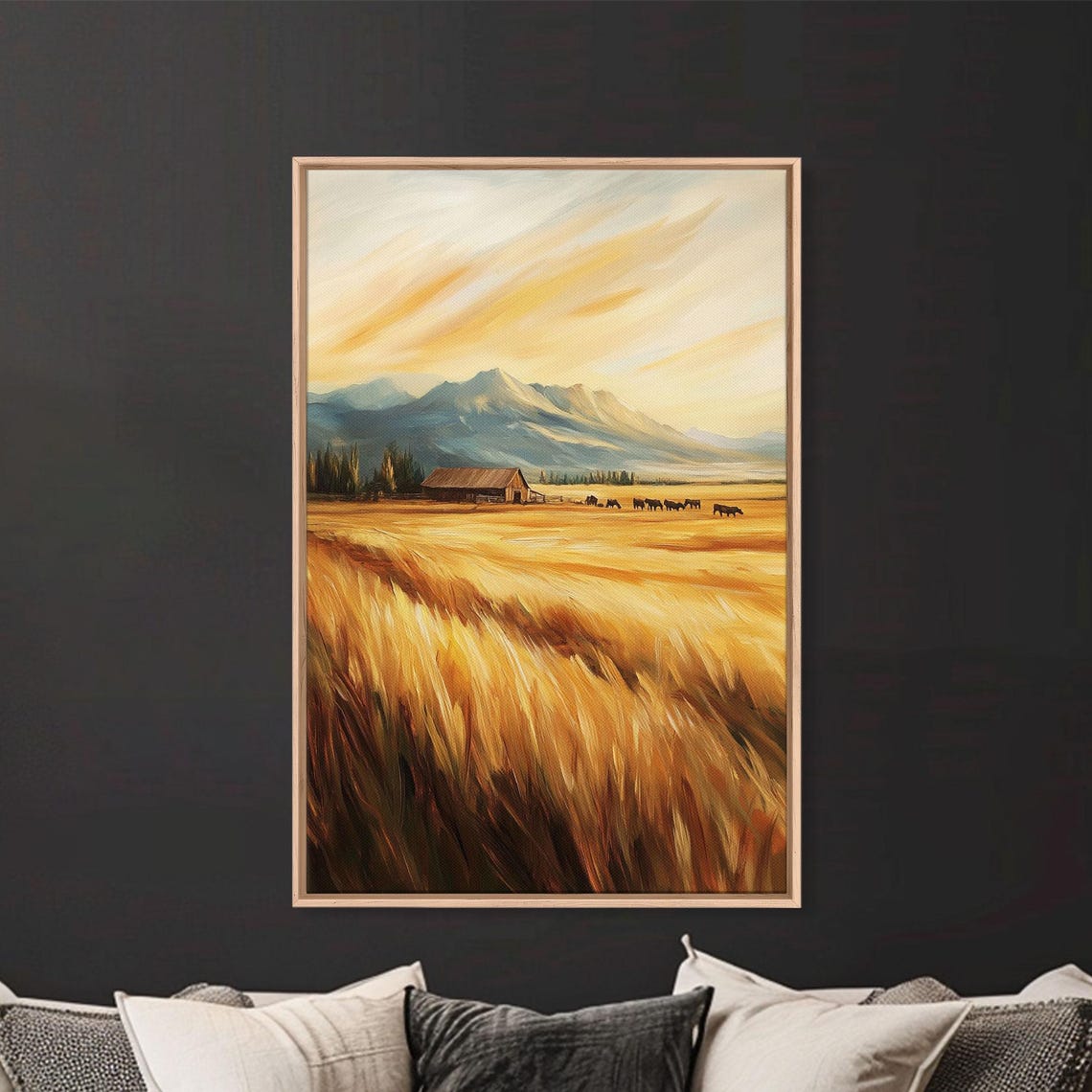 Golden Wheat Field Farm With Barn Cattle Mountain View Poster - Image 5