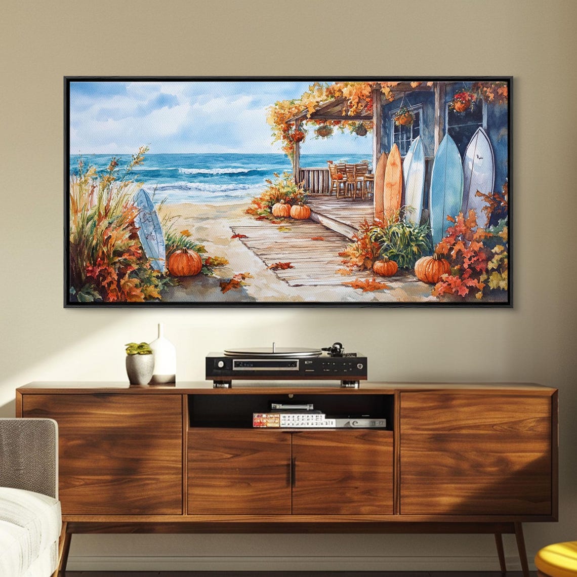 Beach House Porch Pumpkins Surfboards Boardwalk Ocean View Art Print - Image 4