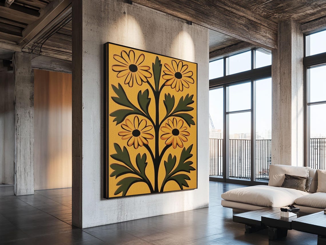 Folk Art Yellow Daisy Flowers Mustard Boho Botanical Wall Poster - Image 2