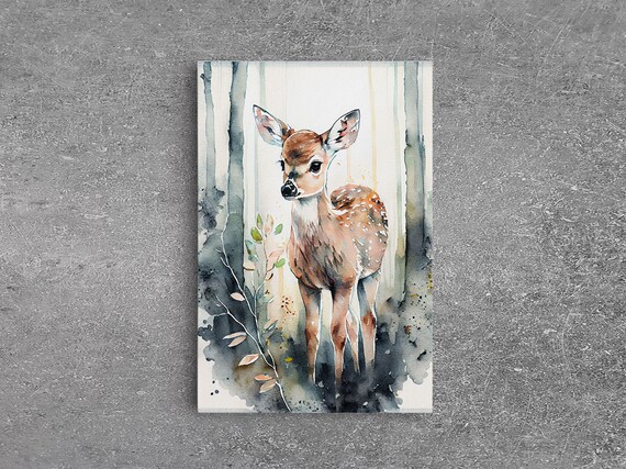 Deer Fawn Watercolor Portrait Misty Forest Birch Trees Animal Print Poster