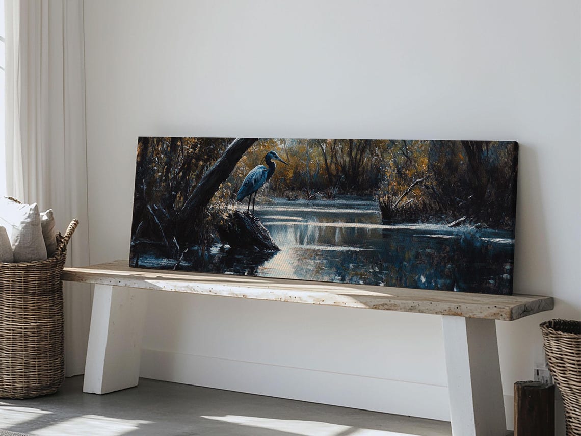 Great Blue Heron In Dark Marsh Water Panoramic Wildlife Painting Print - Image 2