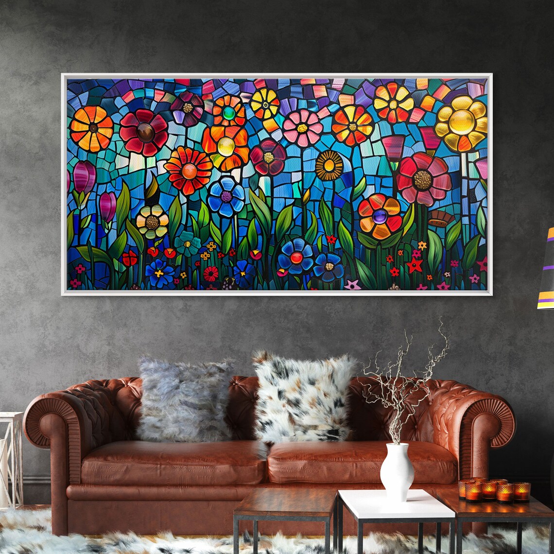 Springtime Flowers, Stained Glass Style Poster Print