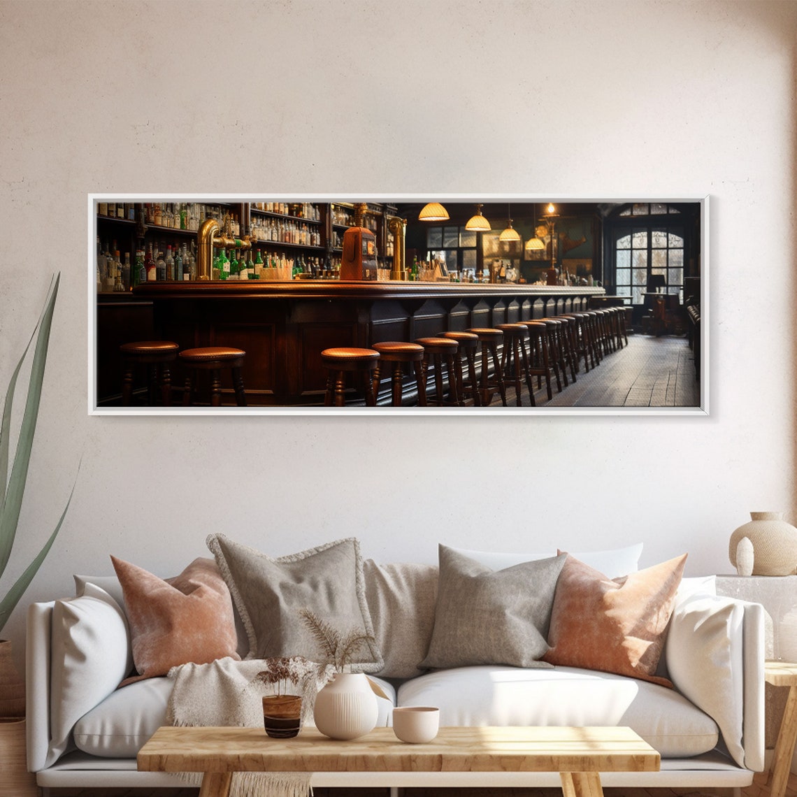 Vintage Pub Bar Interior Wooden Stools Brass Taps Warm Moody Wall Art - Image 5