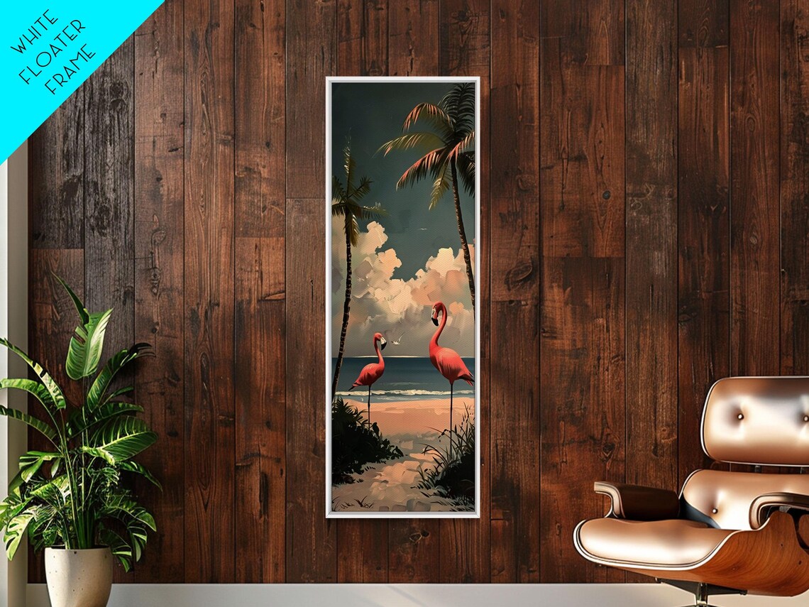 Pink Flamingos Tropical Beach Sunset Palms Retro Coastal Art Poster
