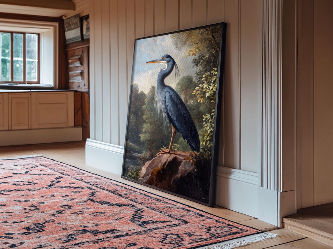Great Blue Heron Standing on Rock River Landscape Wildlife Art Print - Image 3