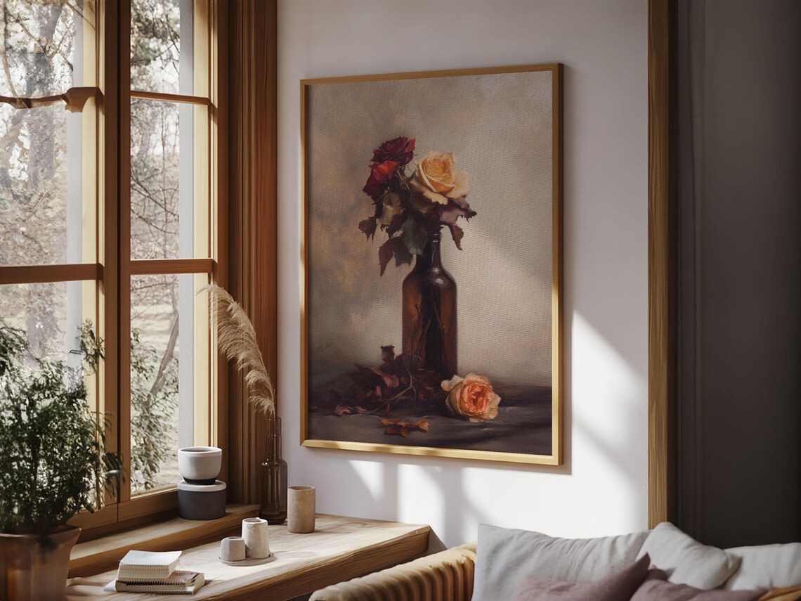 Roses In A Wine Bottle Oil Painting Print Still Life Of Roses Rose Painting Rose Art Moody Decor Subdued Art