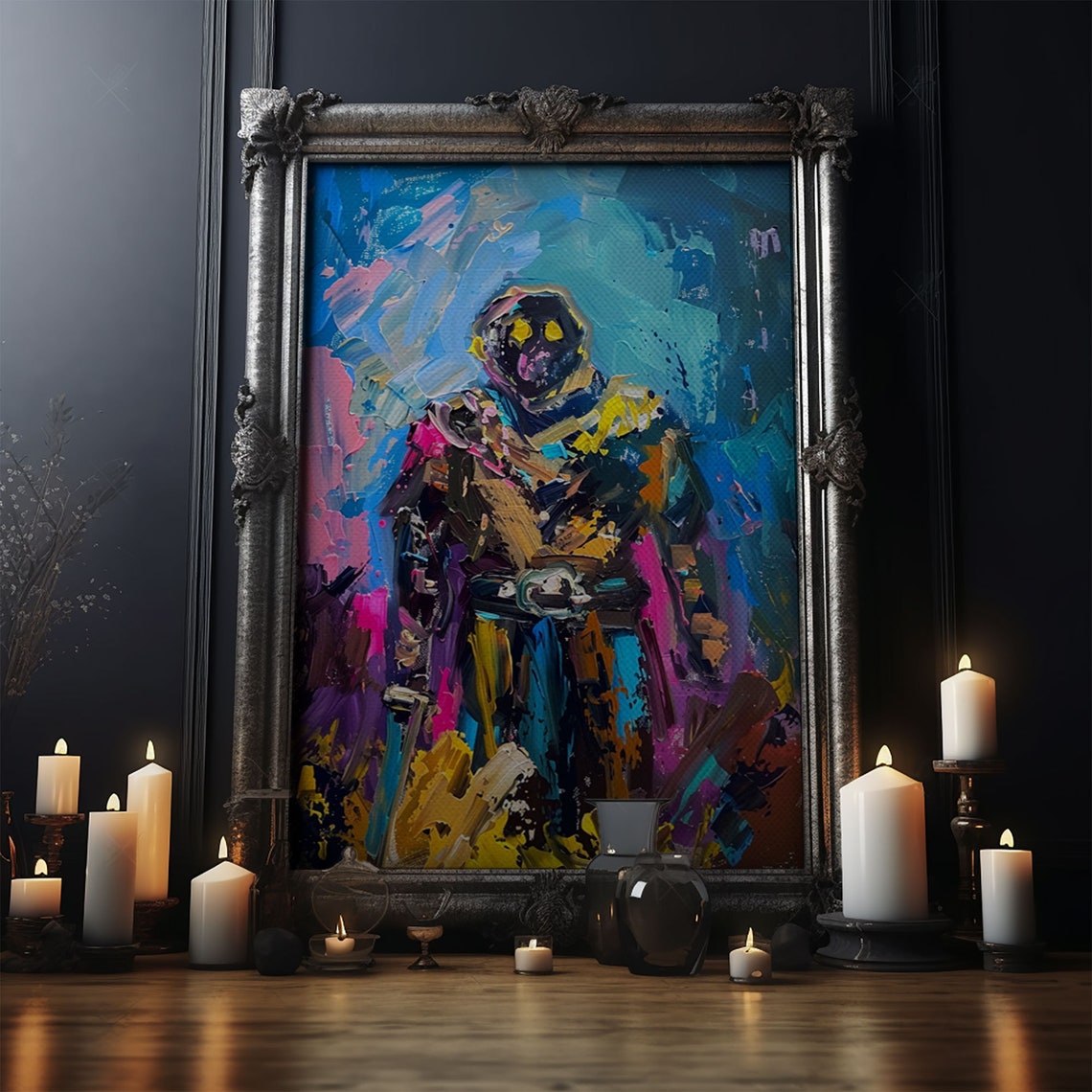 Abstract Skeleton Warrior Glowing Eyes Colorful Impasto Art Poster - Image 4