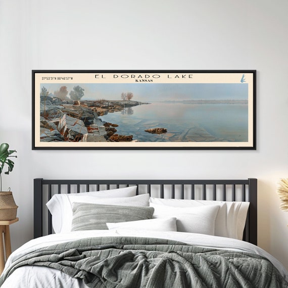 El Dorado Lake Kansas Framed Print Lake House Decor Panoramic Wall Art Travel Poster Rustic Lake Painting Nature Art