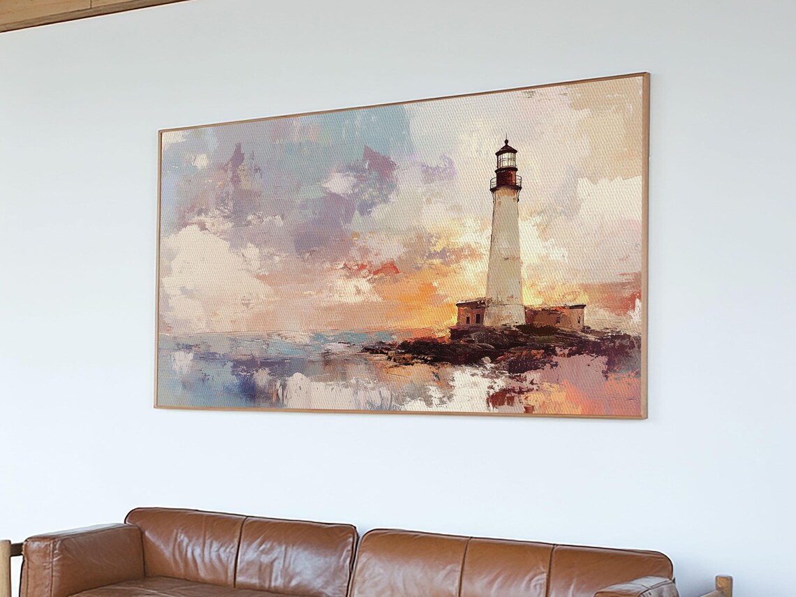 Lighthouse at Sunset Oil Painting Tall White Tower Rocky Shore Art Print