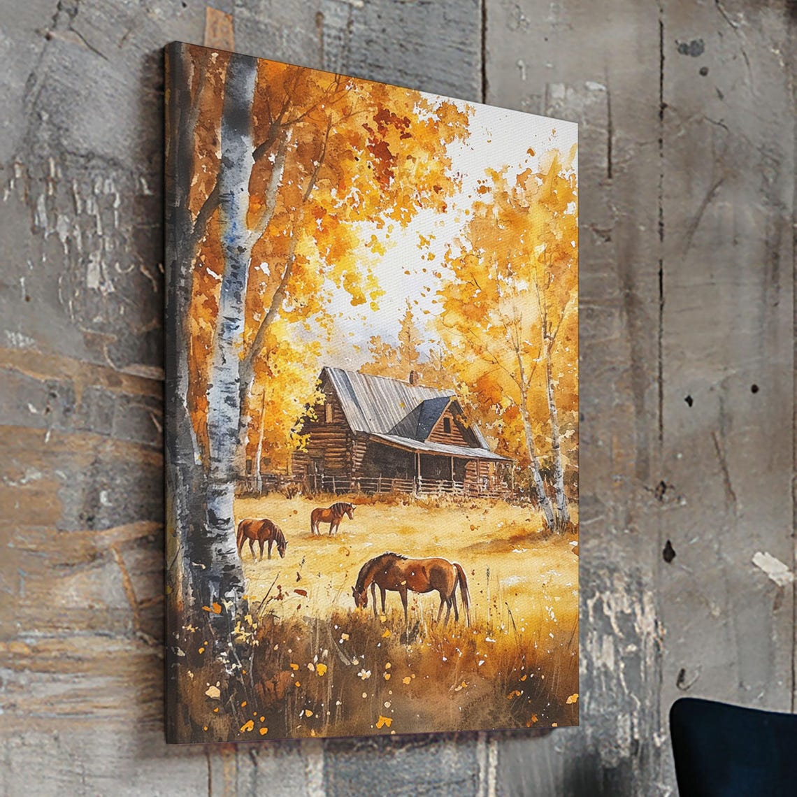 Log Cabin With Horses Grazing In Golden Autumn Woods Meadow Poster - Image 5