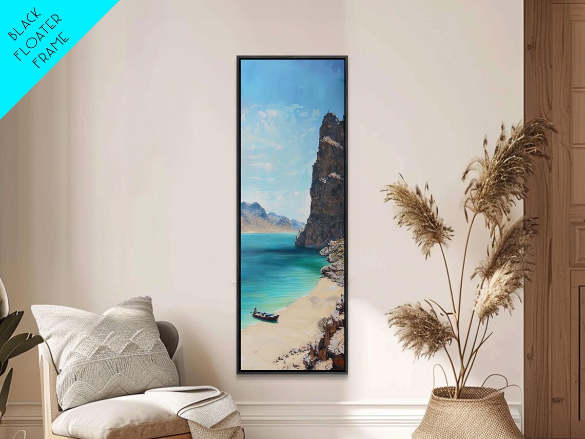 Rocky Cliff Cove Turquoise Bay Sandy Beach Boat Coastal View Poster - Image 3