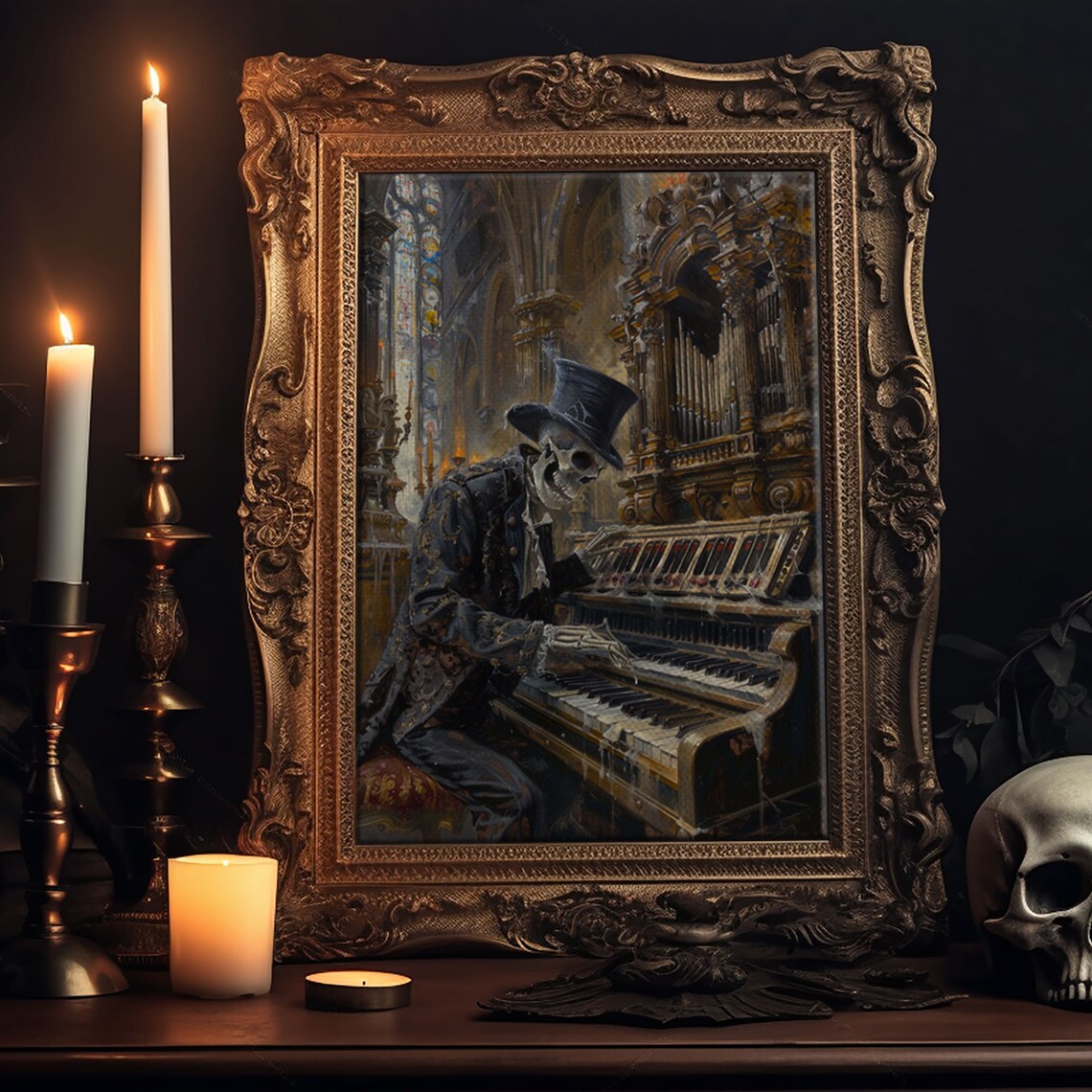 Skeleton Organist Gothic Cathedral Haunted Church Musician Art Poster - Image 6