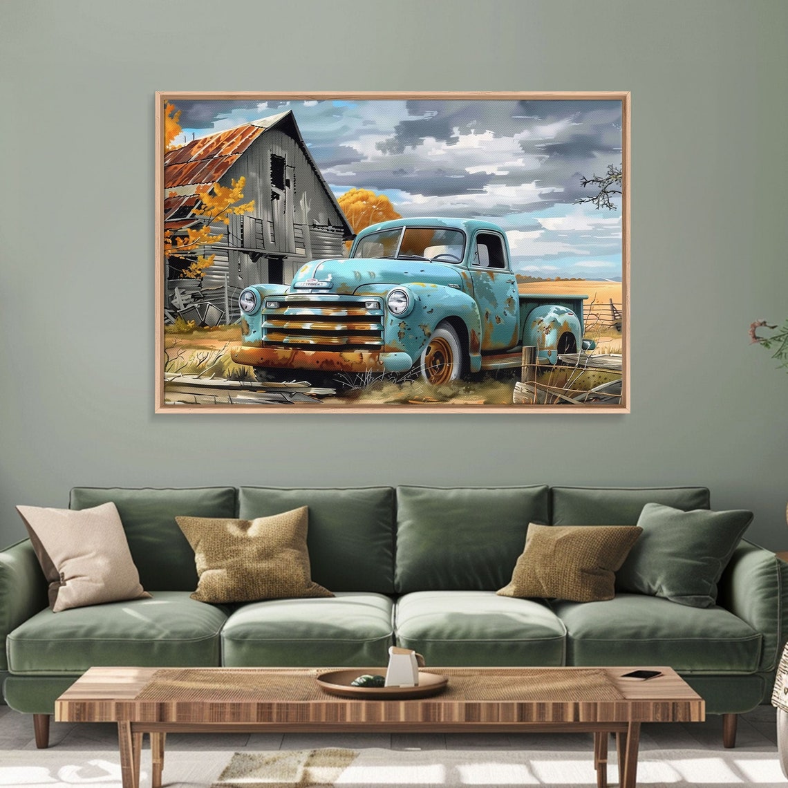 Rusty Teal Vintage Pickup Truck Old Barn Wheat Field Country Art Print