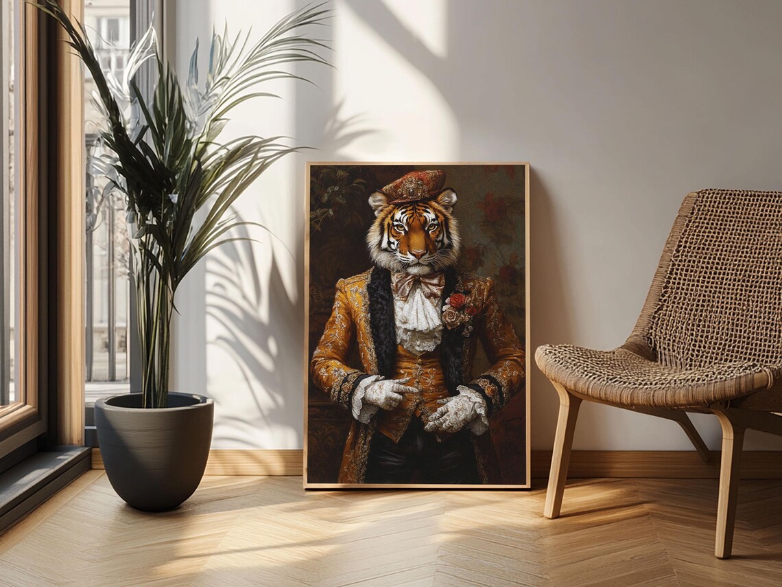 Dapper Tiger Gentleman Portrait Gold Brocade Suit Whimsical Animal Wall Art - Image 5