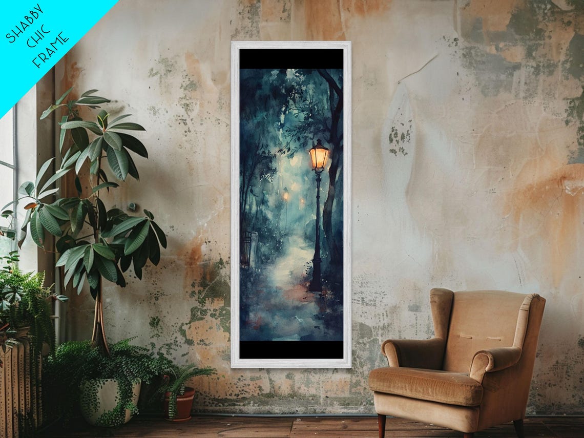 Moody Twilight Forest Walkway Glowing Lampposts Dark Art Wall Poster - Image 5