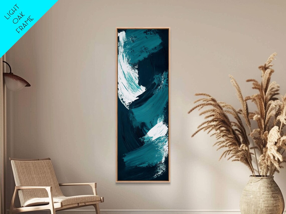 Teal Ocean Waves Tall Vertical White Brushstroke Abstract Coastal Poster - Image 4