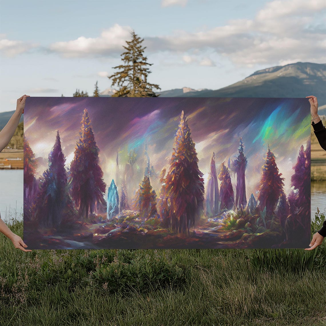 Psychedelic Glowing Fantasy Forest Rainbow Sky Iridescent Trees Poster
