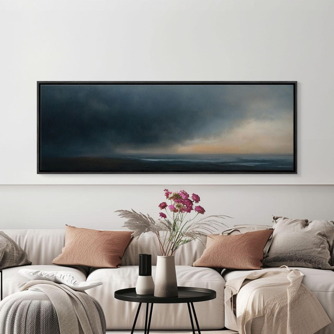 Framed Moody Wall Art Panoramic Seascape On A Stormy Day Dark Decor Cloudy Sky Art Above Bed Decor Above Sofa Painting - Image 3