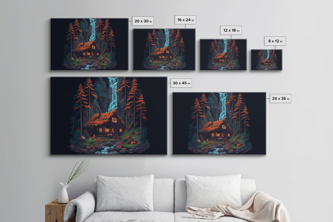 Secluded Log Cabin In The Woods With A Waterfall Behind It 8 Bit Pixel Art Framed Print - Image 2