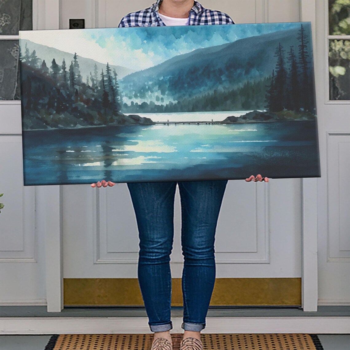 Mountain Lake Watercolor Teal Pines Misty Peaks Quiet Dock Wall Art - Image 4