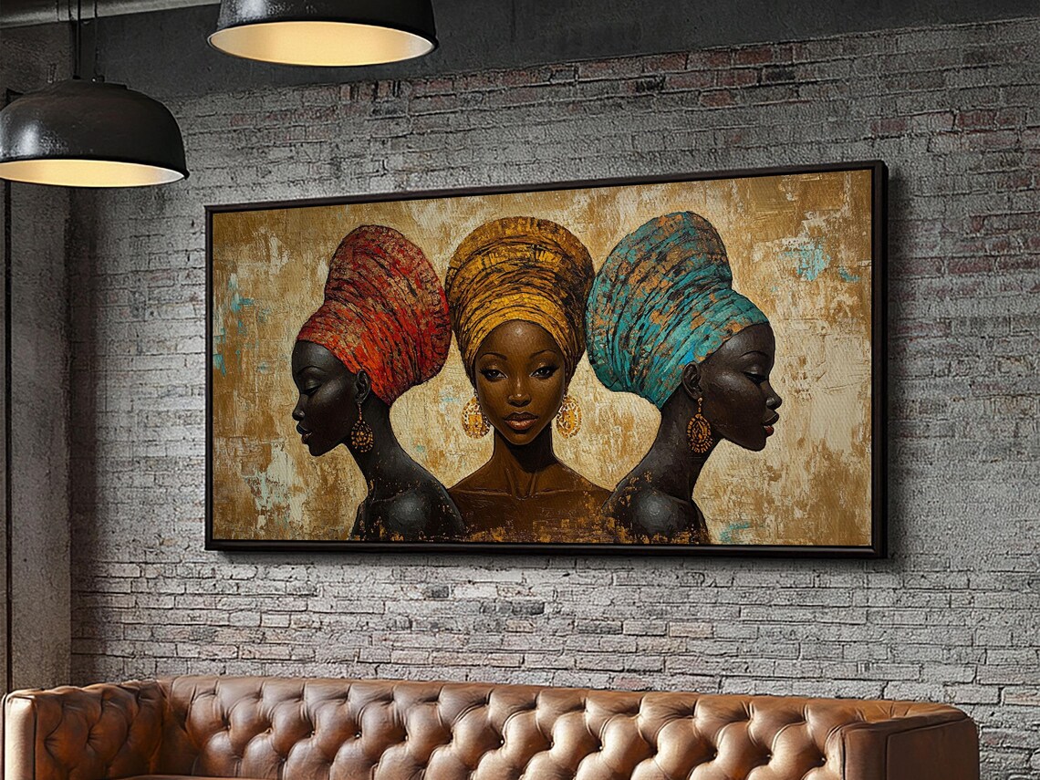 African Women Colorful Headwraps Gold Textured Afrocentric Art Poster - Image 2